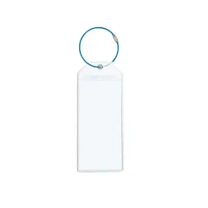 Transparent vertical luggage tag card holder with blue steel wire loop, waterproof ID badge sleeve.
