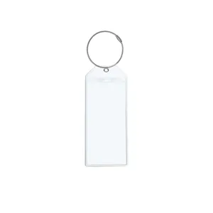 Detailed view of the clear waterproof PVC luggage tag card holder with steel wire loop.
