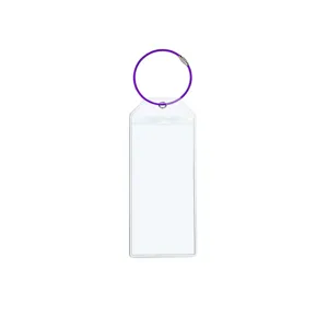 Transparent vertical PVC luggage tag card holder with purple wire loop for travel ID.