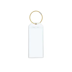 Transparent PVC vertical luggage tag card holder with steel wire loop for travel bags.