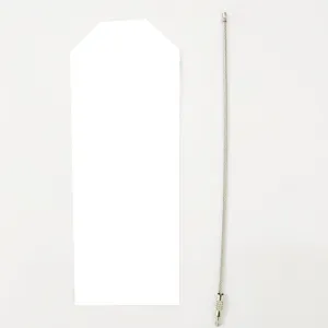 Clear waterproof vertical PVC luggage tag sleeve with steel wire cable loop detail.