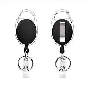 Oval zinc alloy retractable badge reel keychain with metal belt clip and ID card holder.