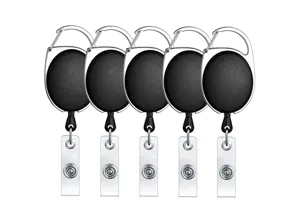 Close-up detail of retractable badge reels, oval black casing with clear strap and clip.