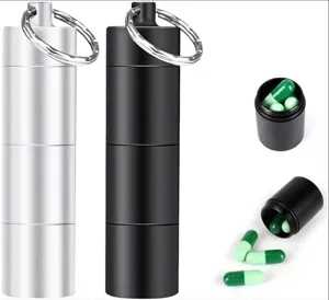 Aluminum waterproof pill box container, portable survival capsule bottle with key ring for outdoor.