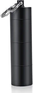Outdoor aluminum waterproof capsule container, portable black sealed pill box with keyring.