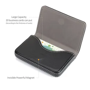 PU leather business card holder case with magnetic closure and large capacity for cards.