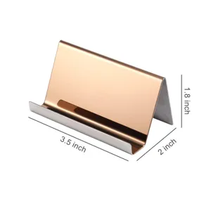 Dettaglio porta biglietti da visita in acciaio inox con finitura oro rosa e misure.