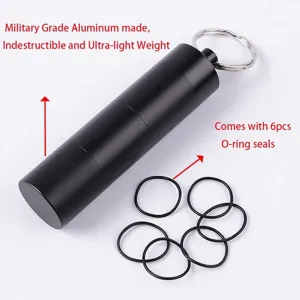 Outdoor waterproof aluminum pill box capsule container with keychain and six sealing rings detail view
