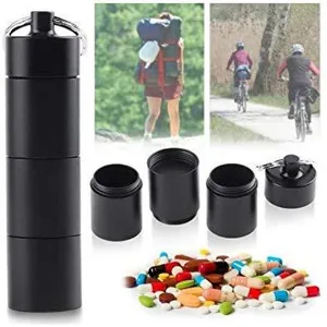 Aluminum alloy waterproof pill box capsule container for outdoor hiking survival storage.