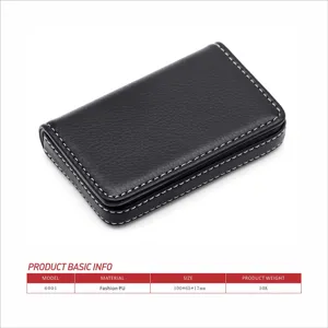 Black PU leather card holder detail showing fine white stitching and compact rectangular design.