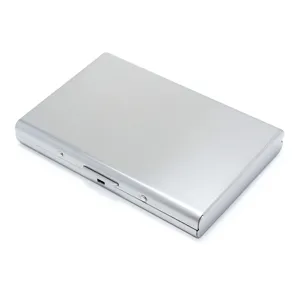 Stainless steel metal card holder, slim wallet, credit card protector, silver detail.