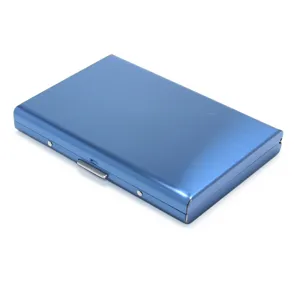 Blue metal card holder case detail, brushed finish surface showing clasp and smooth texture.