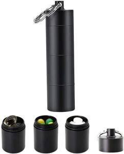Portable aluminum alloy waterproof pill box, multi-compartment survival container for outdoor use.