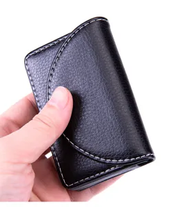 Black leather semi-circular magnetic business card holder for men and women stylish case.