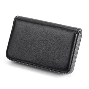 Detailed view of the black PU leather business card holder with clean white stitching design.