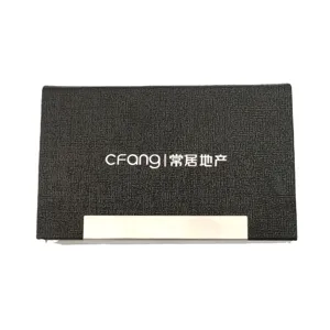 Porte-cartes de visite en cuir PU avec bordure métallique, étui élégant pour bureau.