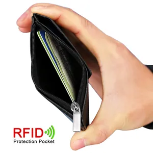 Vista detallada de tarjetero negro de piel PU con cremallera, ranuras compactas y protección RFID.