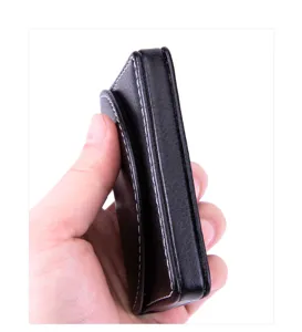 Black leather business card holder side detail, magnetic closure, minimalist card case.