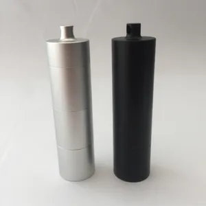 Aluminum alloy waterproof container detail showing dual color silver and black cylindrical shape.