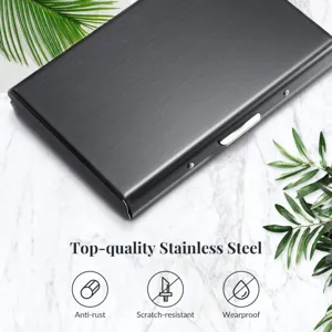 Detailed view of the stainless steel credit card holder showing brushed metallic surface.