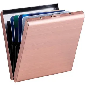 Rose gold metal card holder with multi-slot accordion design for credit cards and business.
