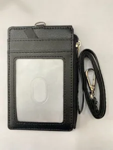 Tarjetero de cuero PU negro con ventana de ID transparente, bolsillo con cremallera y cordón.