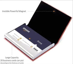Etui à cartes de visite en cuir PU et métal avec fermeture magnétique pour bureau.