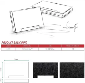 Détail d'étui à carte de visite en acier inoxydable PU avec dimensions et conception