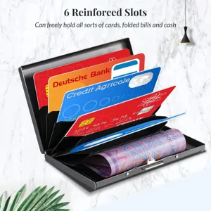 Stainless steel credit card holder wallet with 6 reinforced slots for cards and cash.