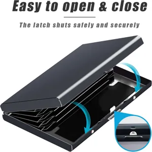 Stainless steel business card holder credit card case with 6 card slots and secure latch.