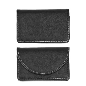 Black leather card holder detail, featuring white stitching and magnetic closure design.