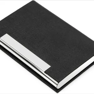 Porte cartes de visite en cuir PU noir et metal etui elegante pour poche bureau