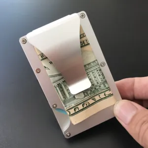 Close-up detail of minimalist metal wallet card holder with money clip and cash insert.