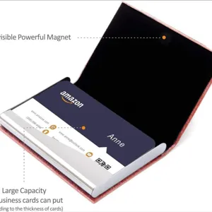 Etui porte-cartes de visite en cuir PU et métal avec fermeture magnétique et grande capacité.