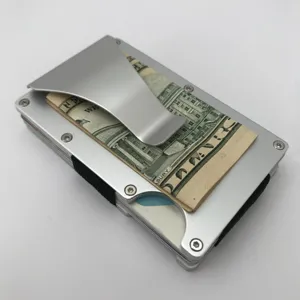 Minimalist aluminum RFID blocking credit card holder wallet with money clip detail view.