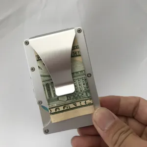 Minimalist metal wallet with money clip, RFID blocking card holder for daily use detail.