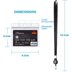 Portatarjetas de identificación transparente con cordón negro y carrete retráctil, medidas claras.