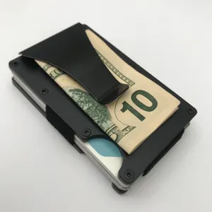 Minimalist metal wallet detail showing aluminum card holder with cash clip and elastic band.