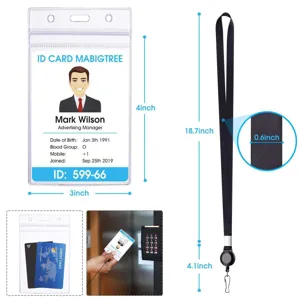 Portatarjetas de identificación con cordón negro y carrete retráctil, dimensiones detalladas.