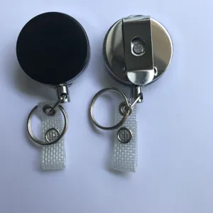 Oprolbare badgehouder set met metalen clip en handige sleutelhanger, zwart chroom, 4cm