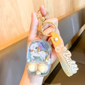 Porte-clés jeu d'eau liquide licorne mignon jouet de poche portable avec sangle spéciale