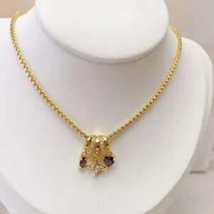 Gold-plated brass multi-layer tube bead necklace featuring zircon heart star charms.