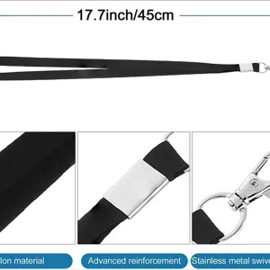 Cordon negro de nylon con gancho giratorio de metal y hebilla reforzada, longitud de 45 cm.