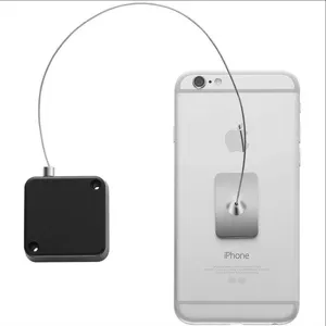 Detail view of the retractable steel wire security pull box mounted on a smartphone display.