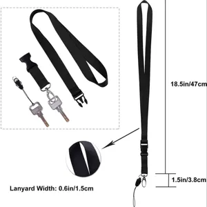 Cordón para el cuello negro con hebilla de liberación rápida, gancho metálico y portatarjetas.