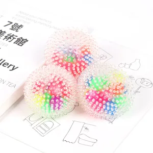 Details of 6cm transparent rainbow spike squeeze stress relief ball sensory toy, 3-pack.
