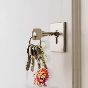 Crystal geometric lion keychain, cute animal acrylic key ring for backpack and car keys.