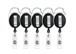 Retractable badge reel carabiner key chain set of five, zinc alloy heavy duty id holder.