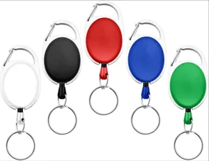 Close-up details of oval retractable keychains featuring durable zinc alloy and vibrant reels.