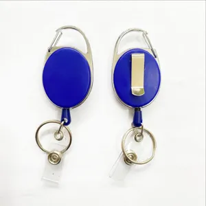Retractable badge reel with carabiner clip, durable zinc alloy oval key holder for ID cards.